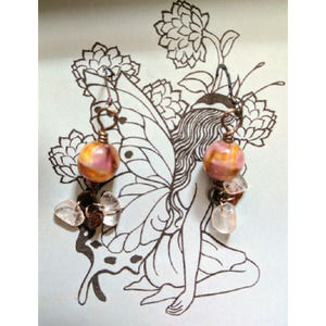 Hand Beaded Earrings w/ Crystal Seed, Glass, Semi Precious Stone Sunset Dangle